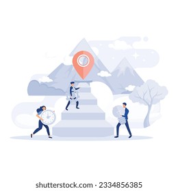 Group of young business people working together with puzzles as symbol of collaborating, solving problems, thinking about creative idea, flat vector modern illustration