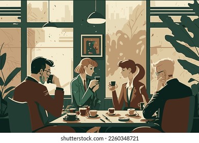 A group of young business professionals discuss business in an elegantly designed cafe. Vector