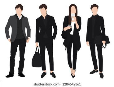 Group of young businessman and woman, wearing working outfits in standing pose set. Smart people in white background Vector