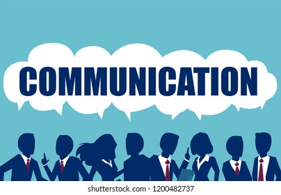 Group of young businesspeople speaking together with dialog speech bubbles above head. Communication, teamwork and connection vector concept