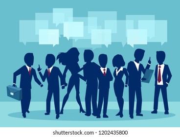 Group of young businesspeople speaking together with dialog speech bubbles above head. Communication, teamwork and connection vector concept