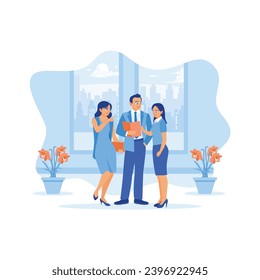 Group of young businesspeople standing in an office room. They talk to each other. Discuss Information concept. trend modern vector flat illustration