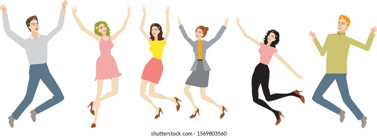 Group of young casual business peoples jump and dance togrther - Vector