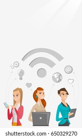 Group of young caucasian business women using technology in global business. Global business and globalization concept. Business technology concept. Vector flat design illustration. Vertical layout.