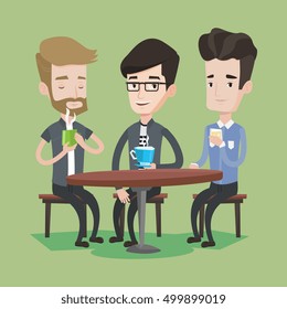 Group of young caucasian men drinking hot and alcoholic drinks. Three smiling friends hanging out together in a cafe. Relaxation and friendship concept. Vector flat design illustration. Square layout.
