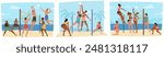 Group Of Young Characters Enjoys A Lively Game Of Beach Volleyball Under The Clear Summer Sky. Cartoon Vector Illustration Captures The Energy And Fun Of The Sport In A Beach Setting, Beside The Ocean