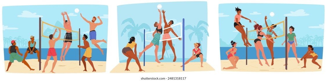 Eine Gruppe junger Charaktere spielt unter dem klaren Sommerhimmel eine lebhafte Partie Beachvolleyball. Cartoon-Vektorillustration fängt die Energie und den Spaß des Sports in einer Strandumgebung am Meer ein