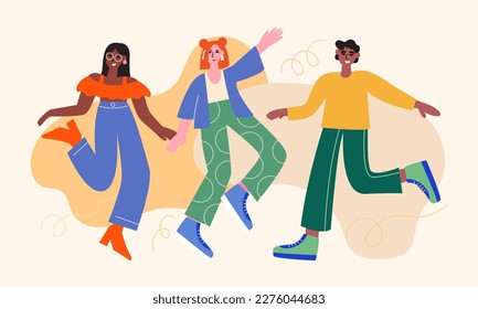 Group of young cheerful dancing people. Happy team of friends celebrating on the party. Vector illustration of flat diverse people.  svg