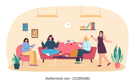 Group of young cheerful girlfriends gathering for home party. Fun celebration of female friends or neighbors sitting on couch with glasses of wine and cat flat vector illustration. Friendship concept