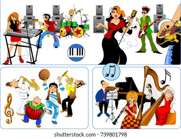 A group of young and cheerful musicians play musical instruments