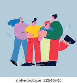 Group of young, cheerful people, cartoon characters, standing and hugging. Happy together family concept. Friends embracing and smiling vector illustration 