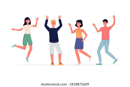 Group of young cheerful people dancing to a musical melody, flat vector illustration isolated on white background. Men and women dancing at party or concert.