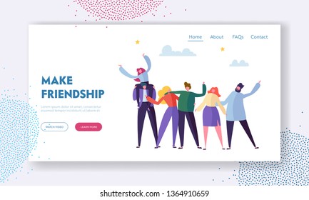 Group of Young Cheerful People Rejoice Waving Hands and Embracing, Friendship Concept, Men and Women Spend Time Together, Warm Human Relations Landing Page for Website Cartoon Flat Vector Illustration