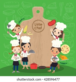 group of young chef with chopping block children kids cartoon vector illustration