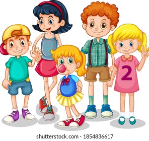 Group of young children cartoon character on white background illustration