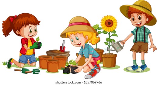 Group of young children cartoon character on white background illustration