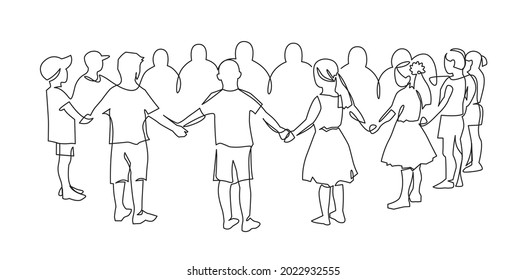 Group of young children holding hands continuous one line drawing. Friendships concept. Happy cute kids in unity.