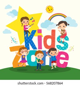 Group of young children with kids zone word cartoon character vector illustration