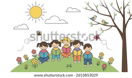 A group of young children sitting together on a sunny grassy hill surrounded by flowers and trees on a beautiful spring day