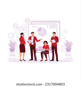 Grupo de jóvenes colegas discutiendo y trabajando en nuevos proyectos de negocios e innovaciones. Ilustración plana vectorial moderna de tendencia.