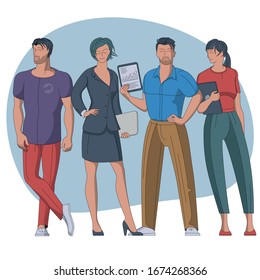 Grupo de jóvenes colegas parados juntos. Trabajadores de oficina, estudiantes, generación joven. Diseño plano vectorial concepto de equipo de profesionales lindos.