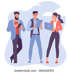 Group of young colleagues standing together. young generation office workers, students. Flat design vector team concept of of cute professionals.