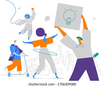 A group of young creative female and male characters 