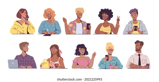 Group of young cute people sitting together and talking. Colorful cartoon characters illustration