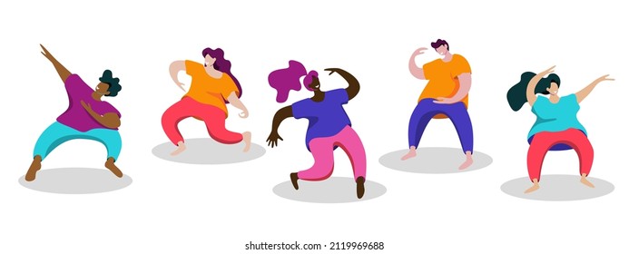 A group of young dancers of different nationalities or male and female dancers isolated on a white background. Vector flat design illustration. Use in web projects and applications.