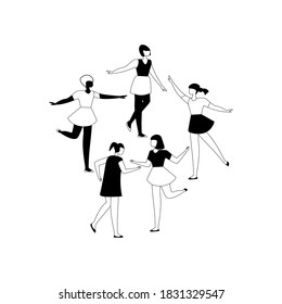 Group of young dancing women. Vector illustration. Character figures. 
