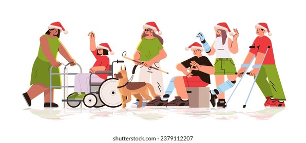 group of young disabled men and women in Christmas Santa Claus hats standing together feeling positive and confident people with disabilities