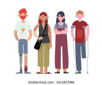 A group of young disabled people. Bionic prosthetics replacing lost physical abilities.