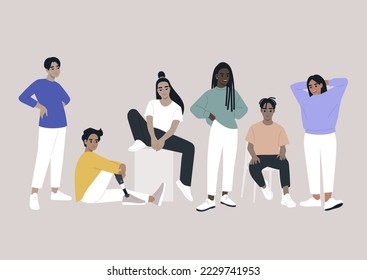 A group of young diverse characters gathered together, casual attire and candid poses