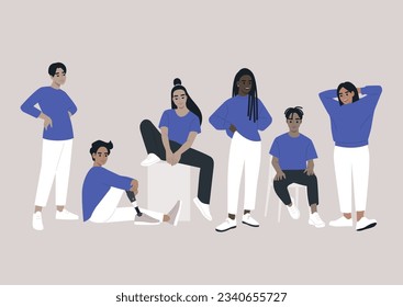 A group of young diverse characters gathered together, blue casual attire and candid poses