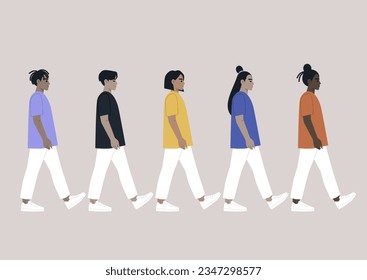 A group of young diverse characters striding in unison as a representation of unity
