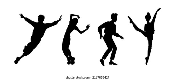 Group of young diverse dancers or men and women isolated on white background. Different ages men and women are enjoying a dance. Silhouette vector illustration.