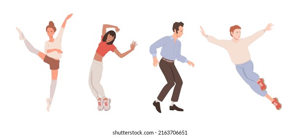 Group of young diverse happy dancers or men and women isolated on white background. Smiling different ages men and women are enjoying a dance. Colorful vector illustration in flat cartoon style.