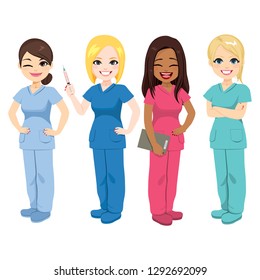 Group of young diverse nurse team staff standing smiling wearing different color uniform