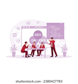 Group of young engineers and IT experts working in modern office developing software. DevOps Developers concept. Trend Modern vector flat illustration