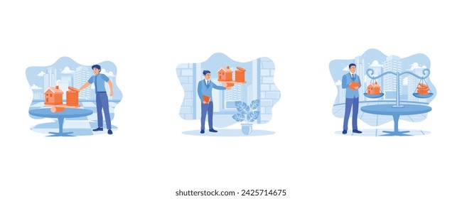 A group of young entrepreneurs gathered in the office lobby. Young entrepreneurs are collaborating on a new project. Businessman in office workplace concept. set flat vector modern illustration