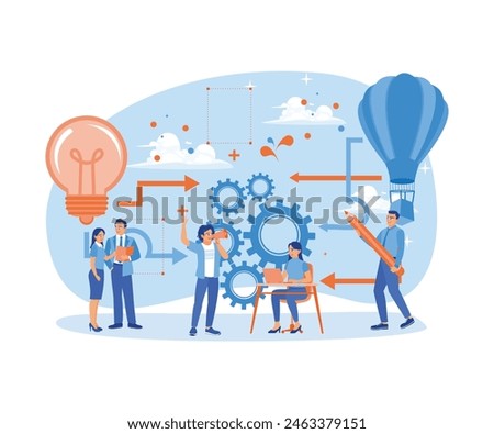 A group of young entrepreneurs solve problems with creative ideas. Exchange ideas during meetings. Team Work concept. Flat vector illustration.