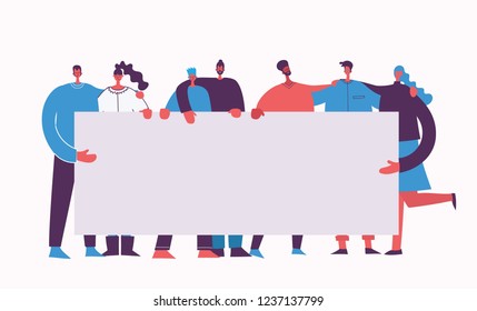 Group of young fashion men and women standing together and holding blank banner. Male and female protesters or activists in a flat cartoon colorful vector illustration