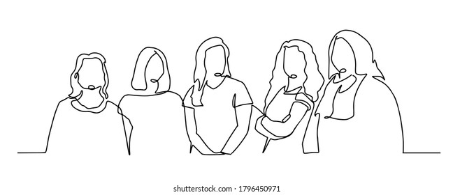 Group young female standing together    one line drawing  Friends standing together  Concept friendship continuous one line vector drawing  Feminist together  Happy friends 