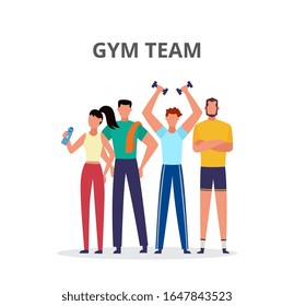 Group of young fit people cartoon characters Gym team, flat vector illustration isolated on white background. Fitness and bodybuilding trainers or coaches command.