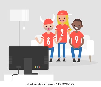 Group of young football fans watching the TV and supporting their team. Flat editable vector illustration, clip art