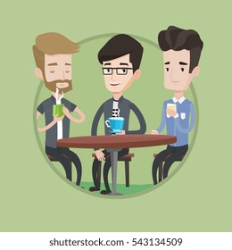 Group of young friends drinking hot and alcoholic drinks in cafe. Three friends hanging out together in a cafe. Friendship concept. Vector flat design illustration in the circle isolated on background