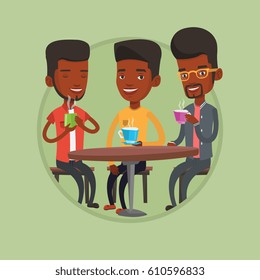 Group of young friends drinking hot and alcoholic drinks in cafe. Three friends hanging out together in a cafe. Friendship concept. Vector flat design illustration in the circle isolated on background