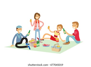 Group of young friends having party outdoors, picnic or bbq. Men and women drinking beer.