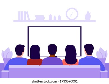 Group Young Friends Man And Woman Sitting On Sofa At Home And Watching TV, News, Back View. Living Room Interior. Rest, Recreation, Spending Time On Isolation And Quarantine. Vector Illustration