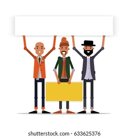 Group of young friends with message board. Vector illustration on white isolated background